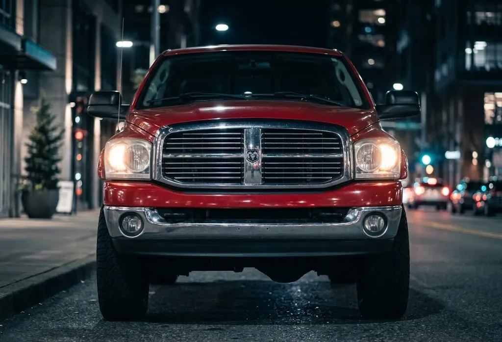 Modern pickup towing truck at night